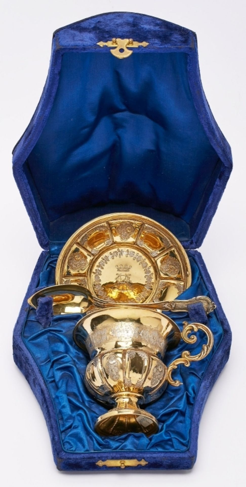 Prunk-Set aus Tasse/UT, Löffel, Silber, um 1880