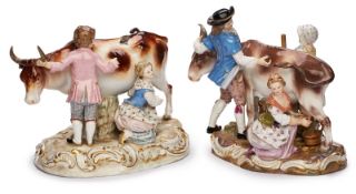 Paar Figurengruppen "Bauern beim Melken", Meissen um 1900.