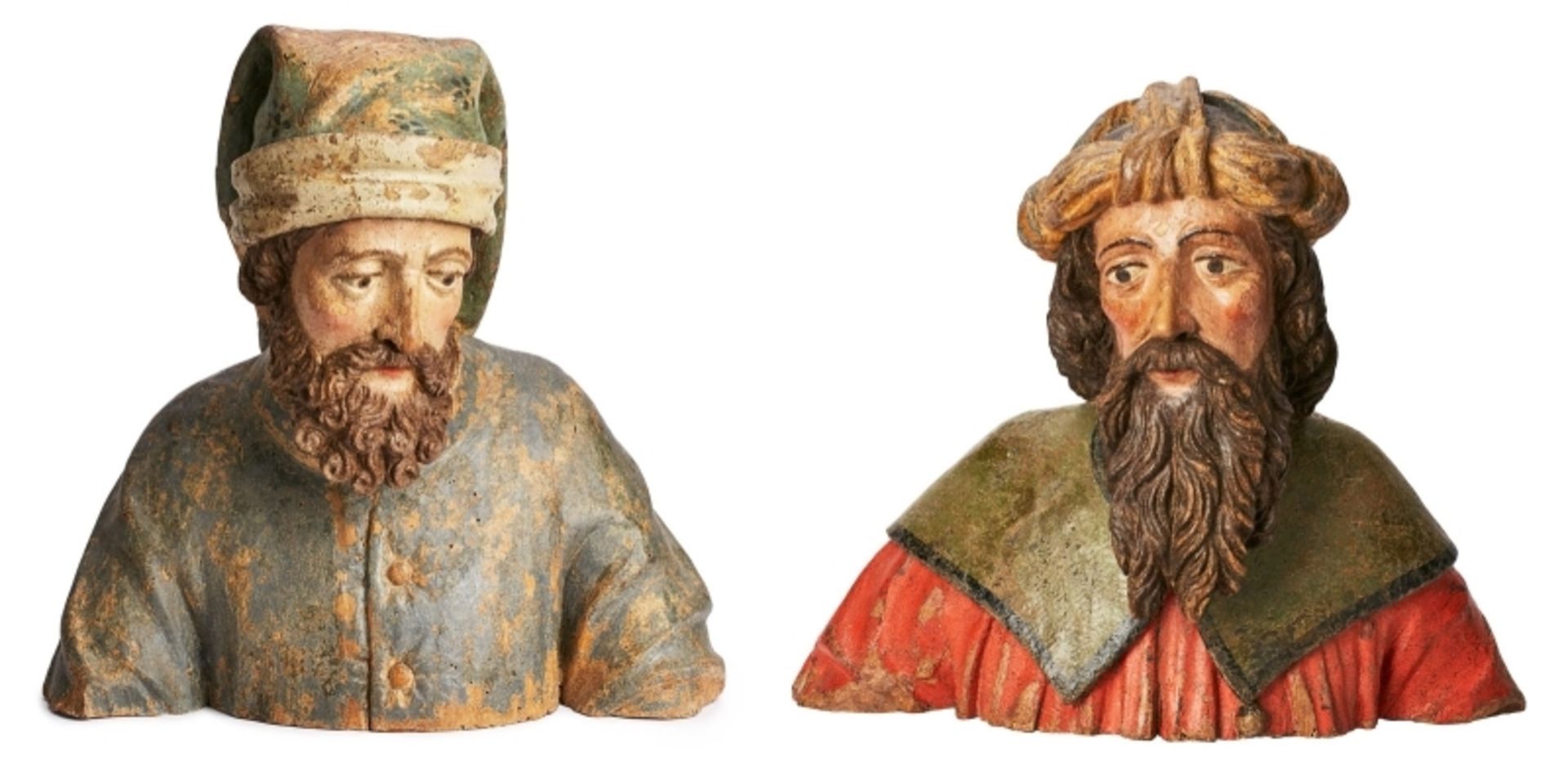 Paar Büstenfragmente "Heiliggrab Trägerfiguren", Österreich um 1500.
