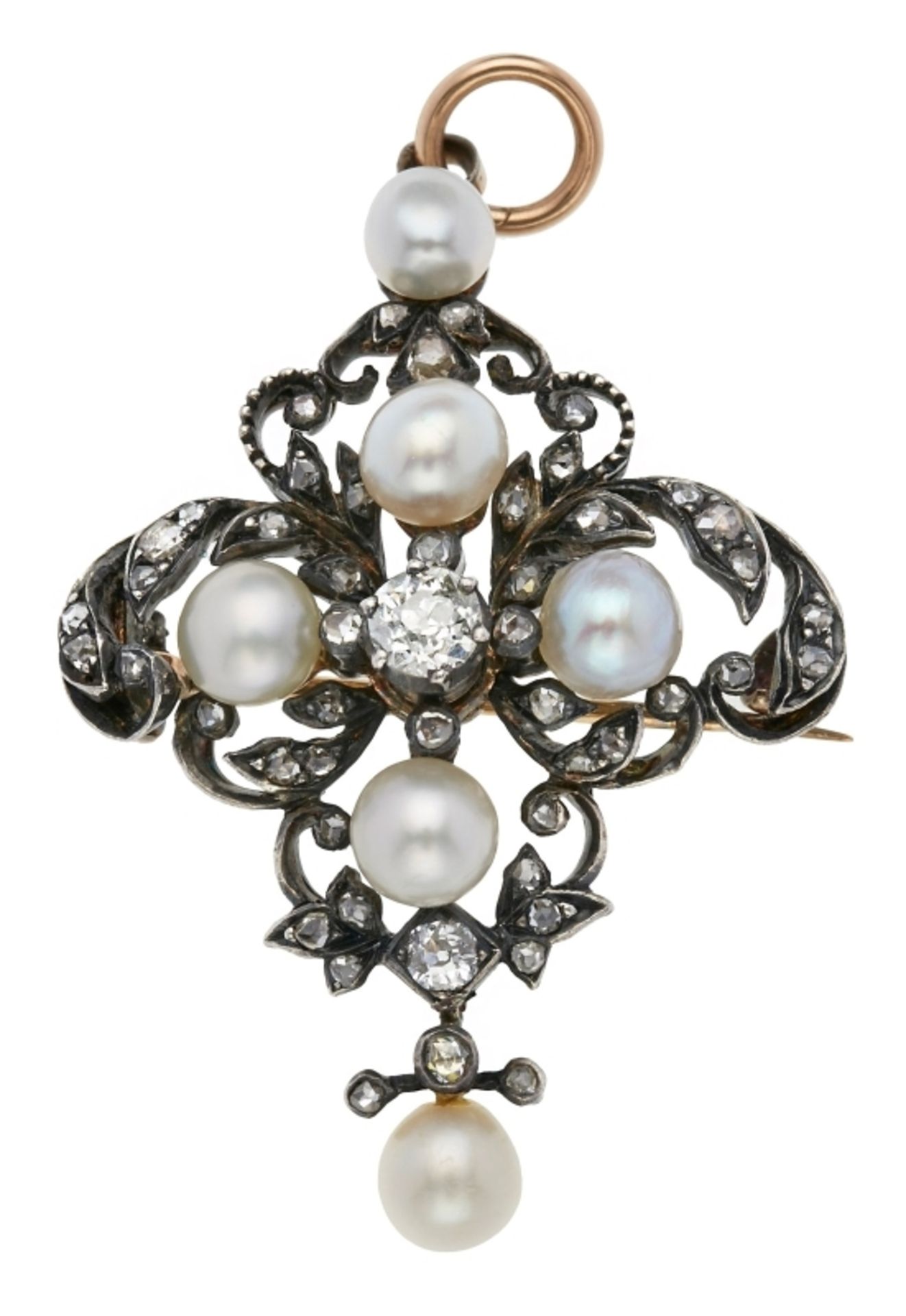 Perl-Diamant-Anhänger/Brosche, Jugendstil um 1900