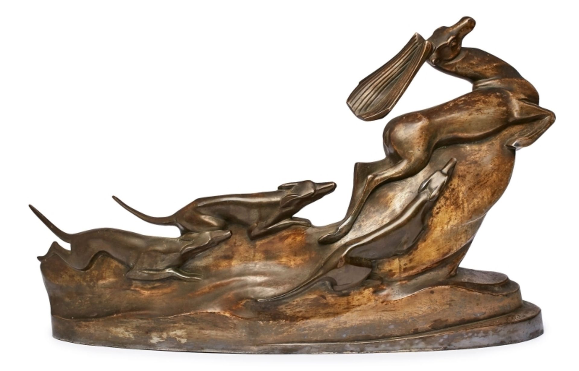 Bronze Alexandre Kéléty: Jagende Hunde, Art Deco, um 1920.