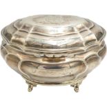 LARGE SILVER COMMEMORATIVE BOMBE-SHAPED CASKET ASPREY & CO. LONDON 1913 the hinged cover bears a