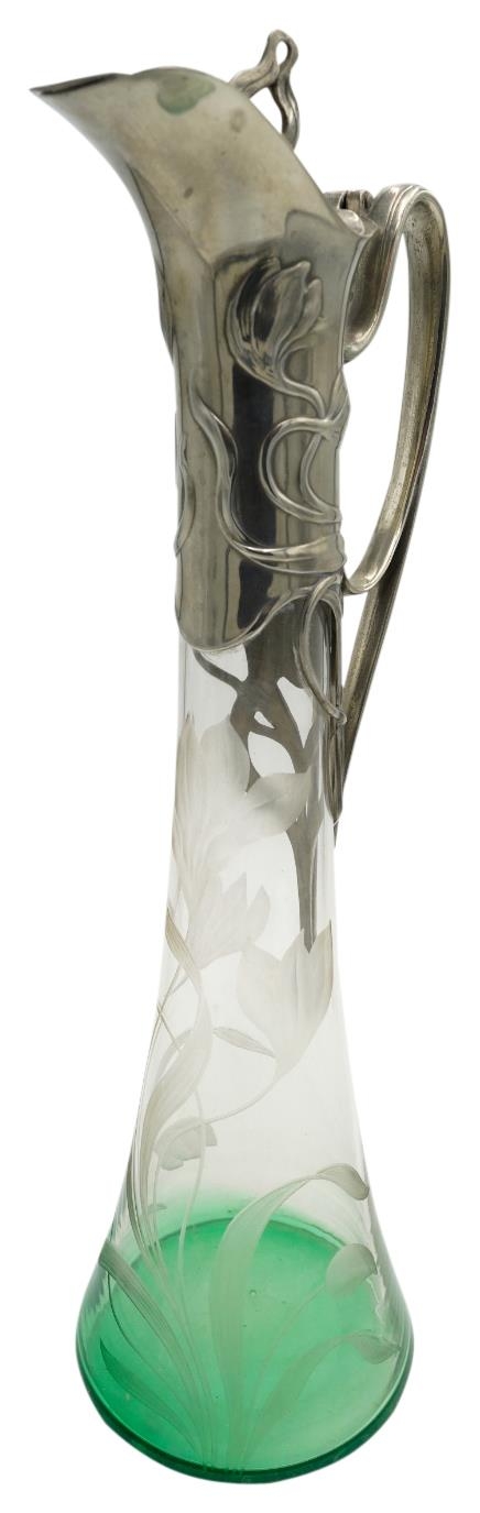 W.M.F ART NOUVEAU CLARET JUG EARLY 20TH CENTURY clear to green glass spreading body etched with