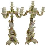 PAIR OF CONTINETAL PORCELAIN CANDELABRA CIRCA 1900 the four branch candelabra of naturalistic
