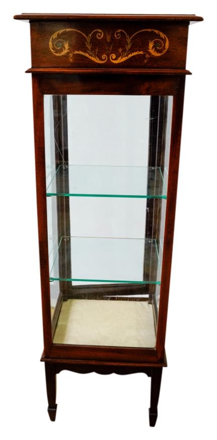 SMALL EDWARDIAN MAHOGANY AND INLAID DISPLAY CABINET CIRCA 1910 the crossbanded top above one - Image 4 of 5