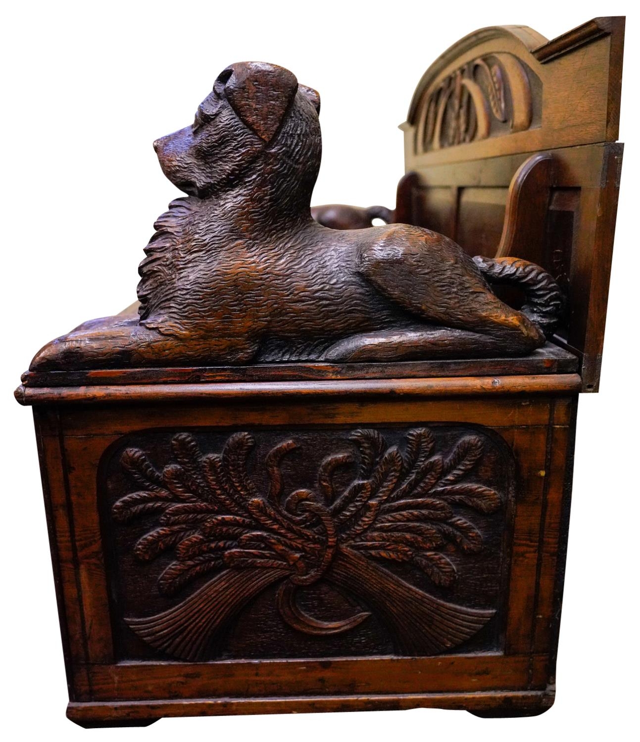 CARVED STAINED SOFTWOOD 'BLACKFOREST' HALL BENCH WITH 19TH CENTURY ELEMENTS the arched panelled back - Image 9 of 12