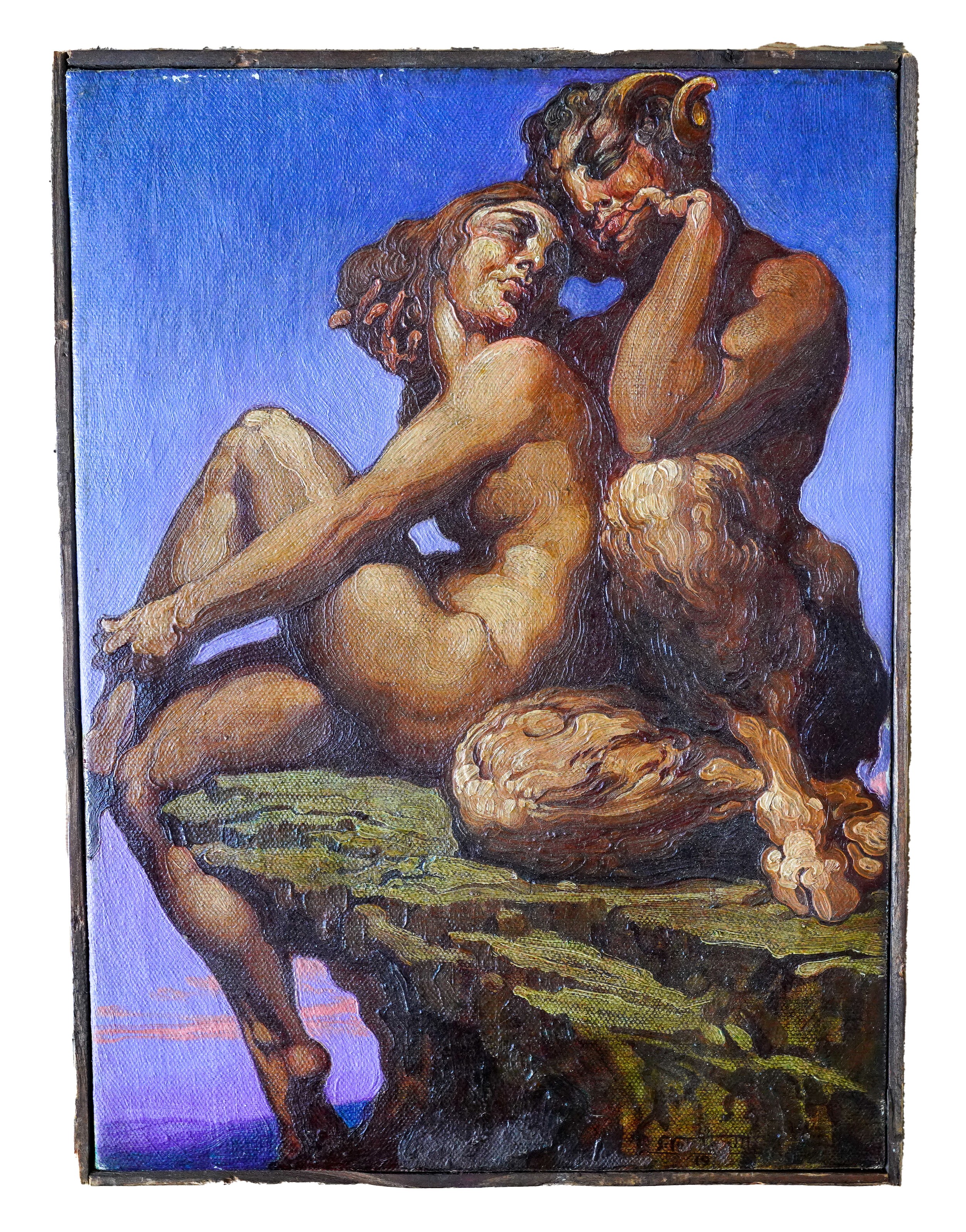 GERMAN OR AUSTRIAN SECESSIONIST SCHOOL, SATYR WITH A NYMPH ON A ROCKY OUTCROP, oil on canvas,