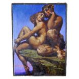 GERMAN OR AUSTRIAN SECESSIONIST SCHOOL, SATYR WITH A NYMPH ON A ROCKY OUTCROP, oil on canvas,