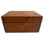 A VICTORIAN MAHOGANY WORK BOX, of plain rectangular form, the interior with original blue silk