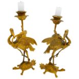 PAIR OF FRENCH 'JAPONESQUE' GILT-BRONZE CANDLESTICKS LATE 19TH CENTURY modelled as storks standing