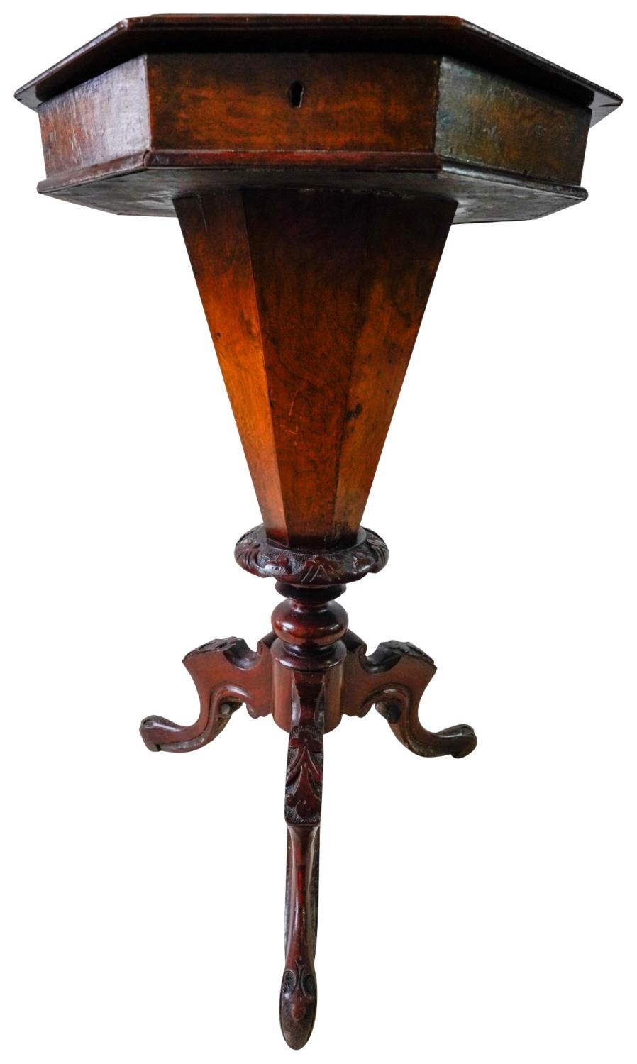 VICTORIAN FIGURED WALNUT TRUMPET SHAPED WORKBOX CIRCA 1880 of typical form, the hinged top opening - Image 6 of 6