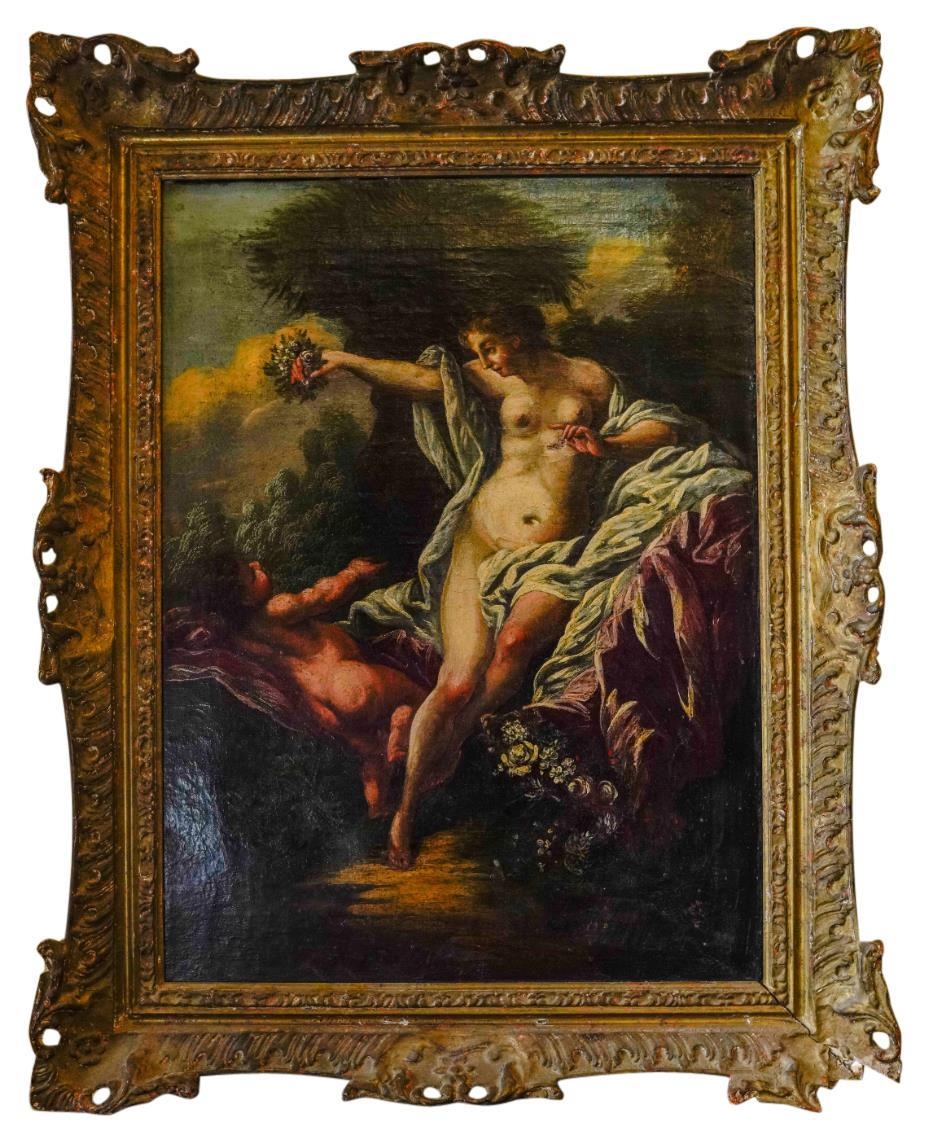 MANNER OF JEAN BAPTISTE HUET, FLORA WITH CUPID, oil on canvas, bears a signature with ink label