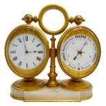 FRENCH GILT-BRONZE COMPENDIUM CLOCK CIRCA 1900 with a clock, barometer and thermometer, raised on an