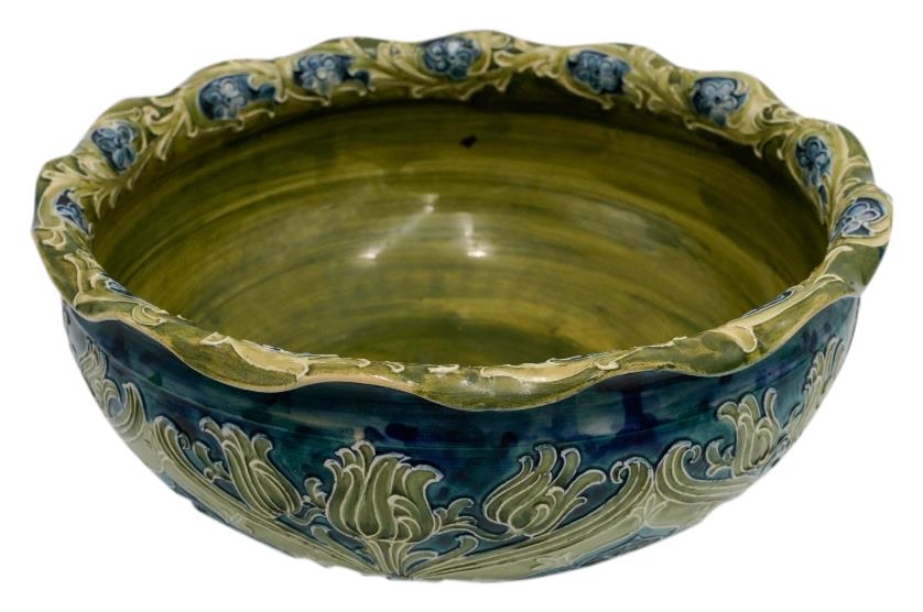 LARGE WILLIAM MOORCROFT FOR MACINTYRE BOWL CIRCA 1925 the sides decorated with stylised lotus, - Image 2 of 7