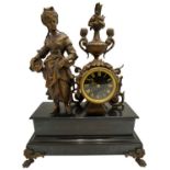 FRENCH SPELTER AND SLATE MANTEL CLOCK LATE 19TH CENTURY the rectangular black slate base