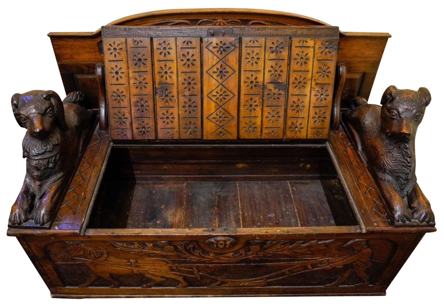 CARVED STAINED SOFTWOOD 'BLACKFOREST' HALL BENCH WITH 19TH CENTURY ELEMENTS the arched panelled back - Image 4 of 12