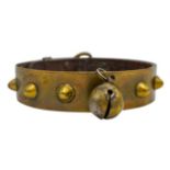 STUDDED BRASS LEATHER LINED ADJUSTABLE DOG COLLAR 19TH CENTURY the front with attached bell 11cm