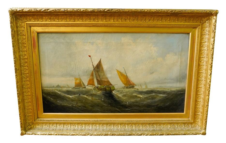 G. KNIGHT (BRITISH - 19TH CENTURY) FISHING BOATS IN STORMING SEA oil on canvas, signed lower left,