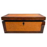 A VICTORIAN BIRCH AND MAHOGANY TEA CADDY, of long rectangular for with three division interior and