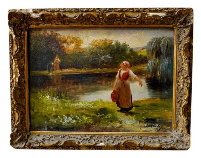 JAMES E. ADAMS (BRITISH, 19TH CENTURY) FIGURES FETCHING WATER oil on canvas, signed lower right,