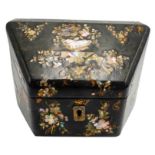 VICTORIAN PAPIER MACHE STATIONERY BOX LATE 19TH CENTURY inlaid with mother of pearl foliage,