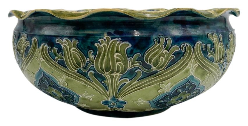 LARGE WILLIAM MOORCROFT FOR MACINTYRE BOWL CIRCA 1925 the sides decorated with stylised lotus, - Image 4 of 7