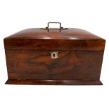 A LATE 19TH CENTURY SEWING BOX, the domed top revealing a fitted interior with fall-front flap and