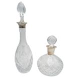 TWO MODERN SILVER MOUNTED CUT GLASS DECANTERS BIRMINGHAM 1990 & LONDON 1985 22cm high & 38cm high