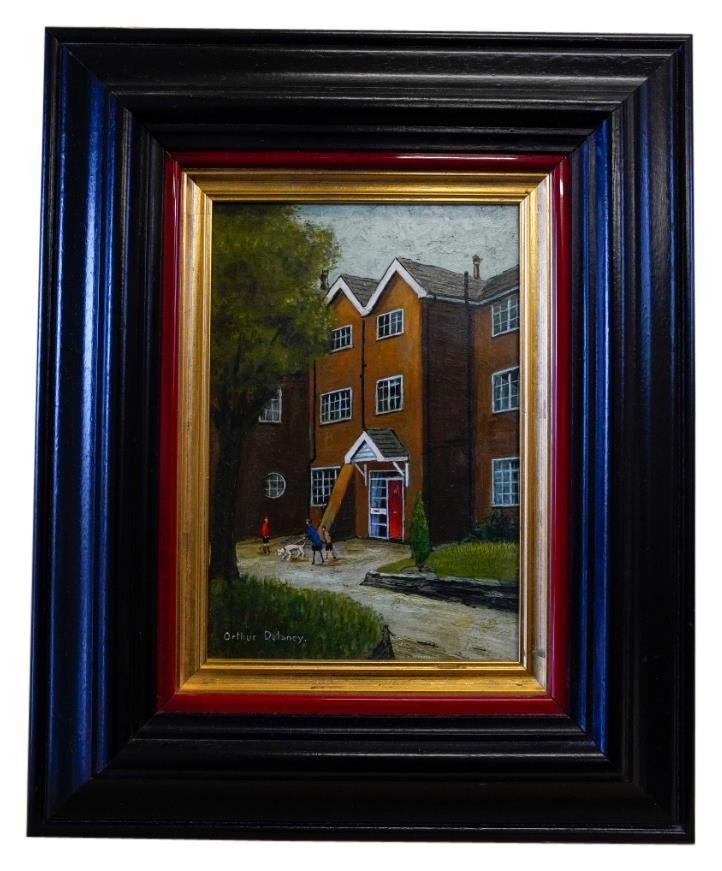 ARTHUR DELANEY (1927-1987) FIGURES OUTSIDE A BLOCK OF FLATS oil on board, signed lower left,