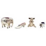 NOVELTY SILVER ELEPHANT PIN CUSHION EARLY 20TH CENTURY 5cm high; together with a smaller example,