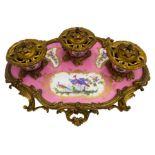 GOOD LOUIS XV STYLE GILT-BRONZE MOUNTED 'SEVRES' PORCELAIN INKSTAND 19TH CENTURY the pink ground