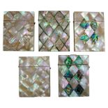 FIVE VICTORIAN MOTHER OF PEARL CARD CASES LATE 19TH CENTURY 10cm high approx. PROVENANCE : Private