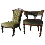 A VICTORIAN MAHOGANY FRAMED BUTTON BACK NURSING CHAIR AND A VICTORIAN OAK BOW BACK TUB CHAIR, both