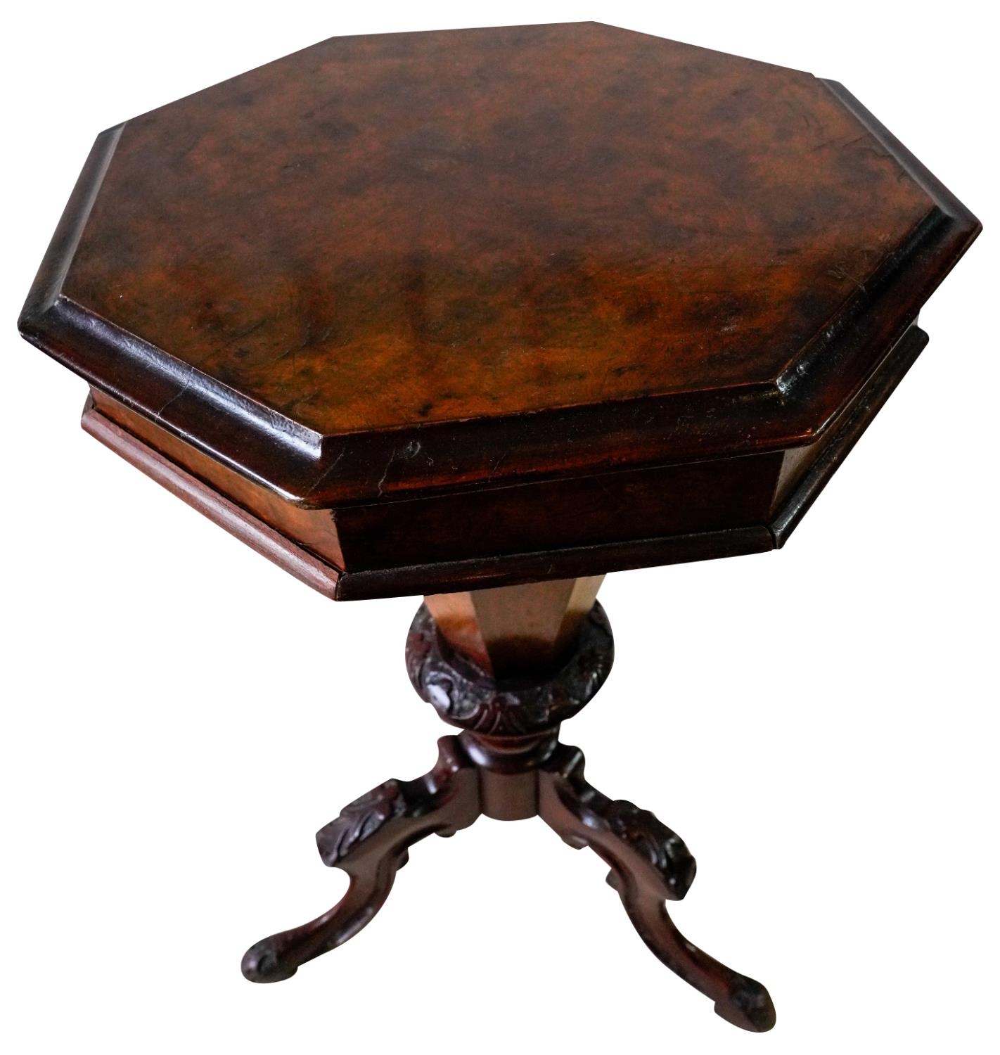 VICTORIAN FIGURED WALNUT TRUMPET SHAPED WORKBOX CIRCA 1880 of typical form, the hinged top opening - Image 2 of 6