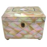 LATE VICTORIAN MOTHER OF PEARL TEA CADDY CIRCA 1880-1900 the hinged cover opening to reveal one