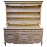 LARGE LOUIS XV STYLE PAINTED DRESSER the superstructure with three plate shelves, above a base