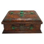 GOOD VICTORIAN BURR WALNUT, BRASS AND MALACHITE MOUNTED BOX CIRCA 1880 opening to reveal a plush