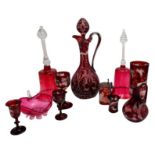 TWO LARGE VICTORIAN CRANBERRY GLASS BELLS 19TH CENTURY 31cm & 33cm high; together with a BOHEMIAN