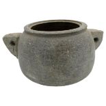 CHUMASH STEATITE POT of compressed ovoid form with twin angular handles 25cm wide PROVENANCE: