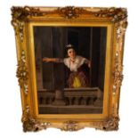 A WEBER (GERMAN - 19TH CENTURY) YOUNG LADY ON A BALCONY oil on canvas, signed and dated 1870, gilt