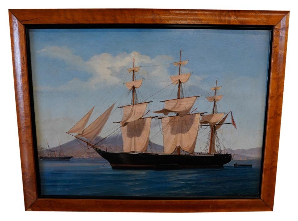 ANTONIO DE SIMONE, A THREE MASTED FRIGATE AT ANCHOR, Vesuvius obscured in the background behind