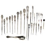 COLLECTION OF NINETEEN SILVER & SILVER PLATED BUTTON HOOKS  MOSTLY LATE 19TH CENTURY together with