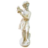 ITALIAN WHITE MARBLE FIGURE OF A BOY HOLDING CYMBALS  the draped figure shown resting on a tree
