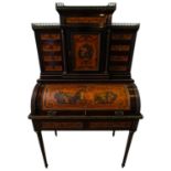 LOUIS XVI STYLE VERNIS MARTIN DECORATED FIDDLE MAHOGANY CYLINDER BUREAU LATE 19TH CENTURY with