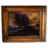 IN THE MANNER OF JOHN CONSTABLE, LOCK SCENE WITH MAN ON A HORSE, oil on panel, 19th century in