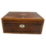 A VICTORIAN ROSEWOOD WORK BOX with mother of pearl and abalone inlaid lid and fitted interior, 13