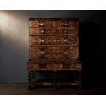 WILLIAM & MARY OYSTER VENEER AND MARQUETRY CHEST ON STAND CIRCA 1700 the rectangular top above two