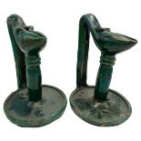 PAIR OF SHIWAN WARE GREEN-GLAZED OIL LAMPS TURKEY, 19TH CENTURY with long angular handles and