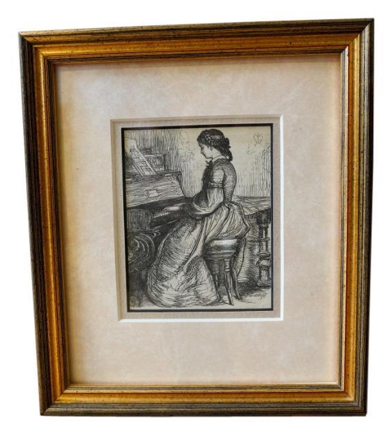 MANNER OF JOHN EVERETT MILLAIS (1829-1896) WOMAN PLAYING A PIANO etching, signed, framed 10cm x 8cm