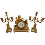 GOOD LOUIS XV STYLE GILT BRONZE AND MARBLE CLOCK GARNITURE LATE 19TH CENTURY the white enamerl